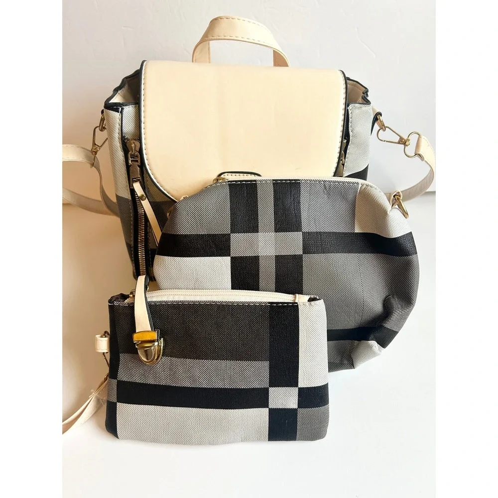Black White Plaid Backpack Crossbody Bag Set 4 Piece Faux Leather Cream Trim